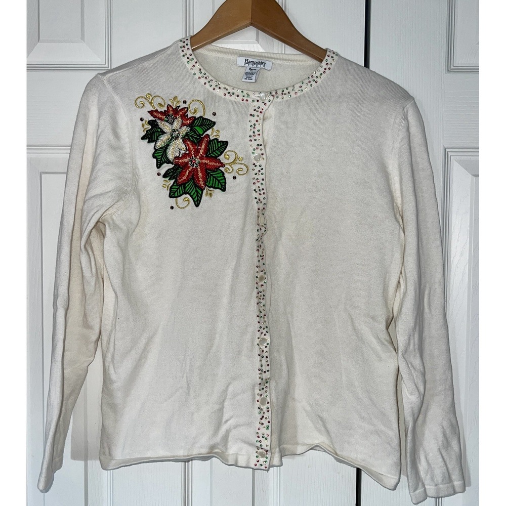Hampshire Studio Vintage Ivory Poinsettia Beaded Holiday Cardigan Petite PL